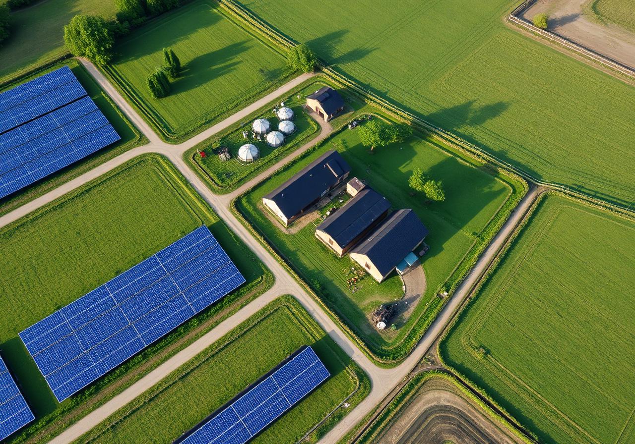 Sustainable green dairy farm with solar panels